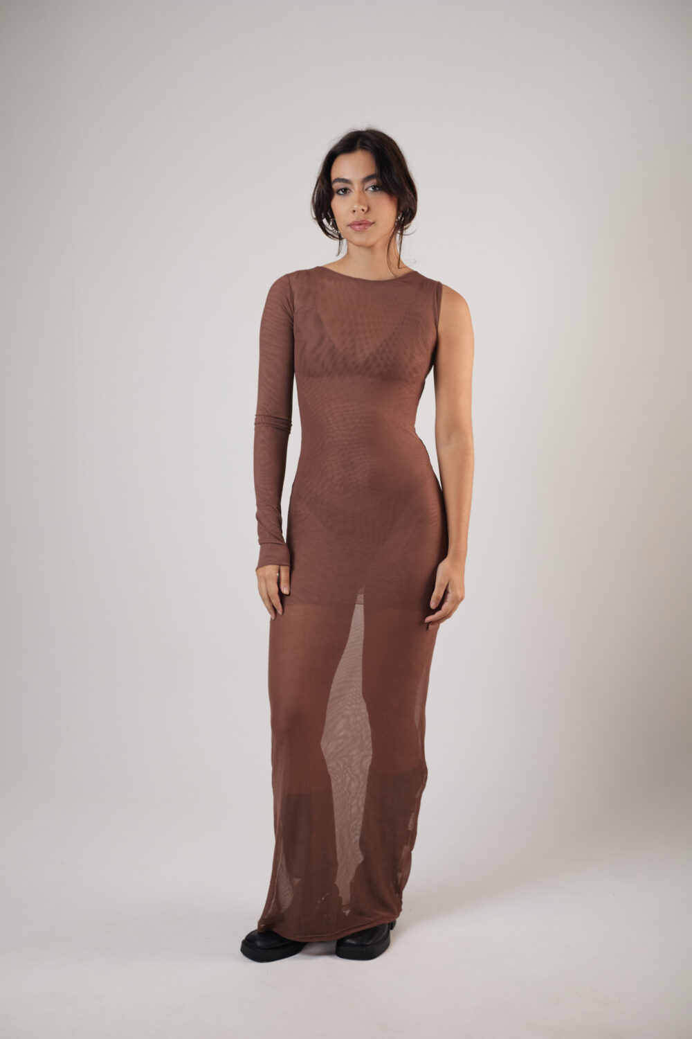 Vestido Longo Assimétrico Tule Marrom - Imagem 3