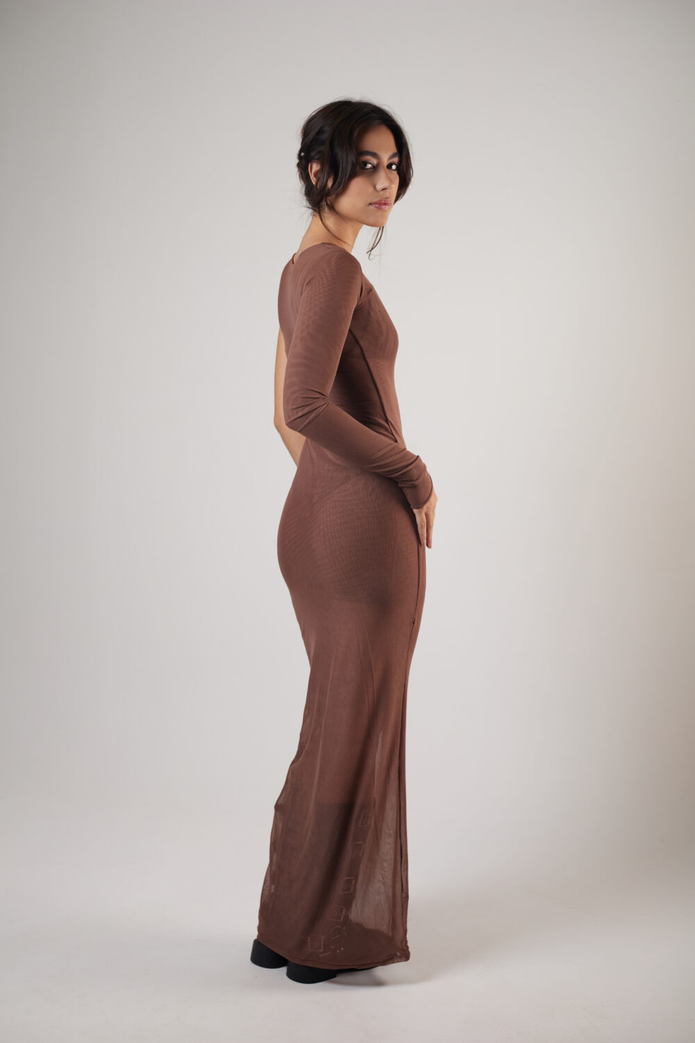 Vestido Longo Assimétrico Tule Marrom - Imagem 9