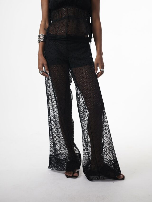 Calça Pantalona Tule Bordado Preta