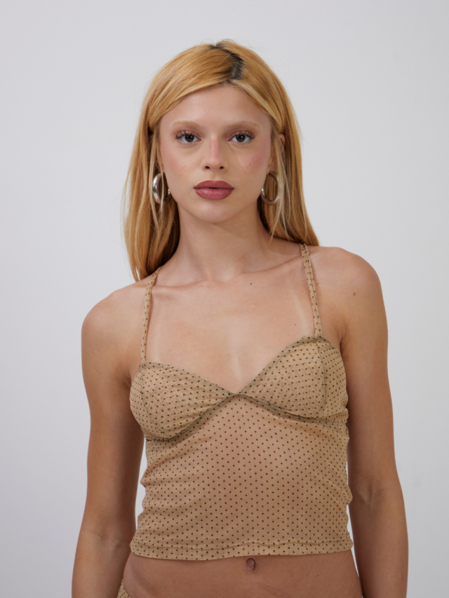 Top V Tule Mini Poá Bege