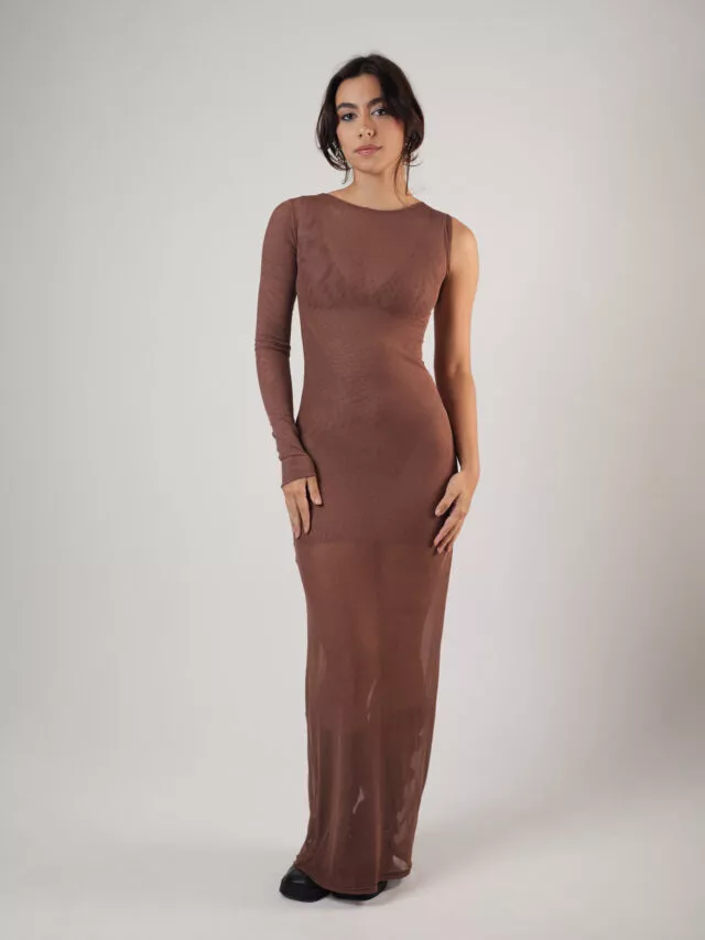 Vestido Longo Assimétrico Tule Marrom