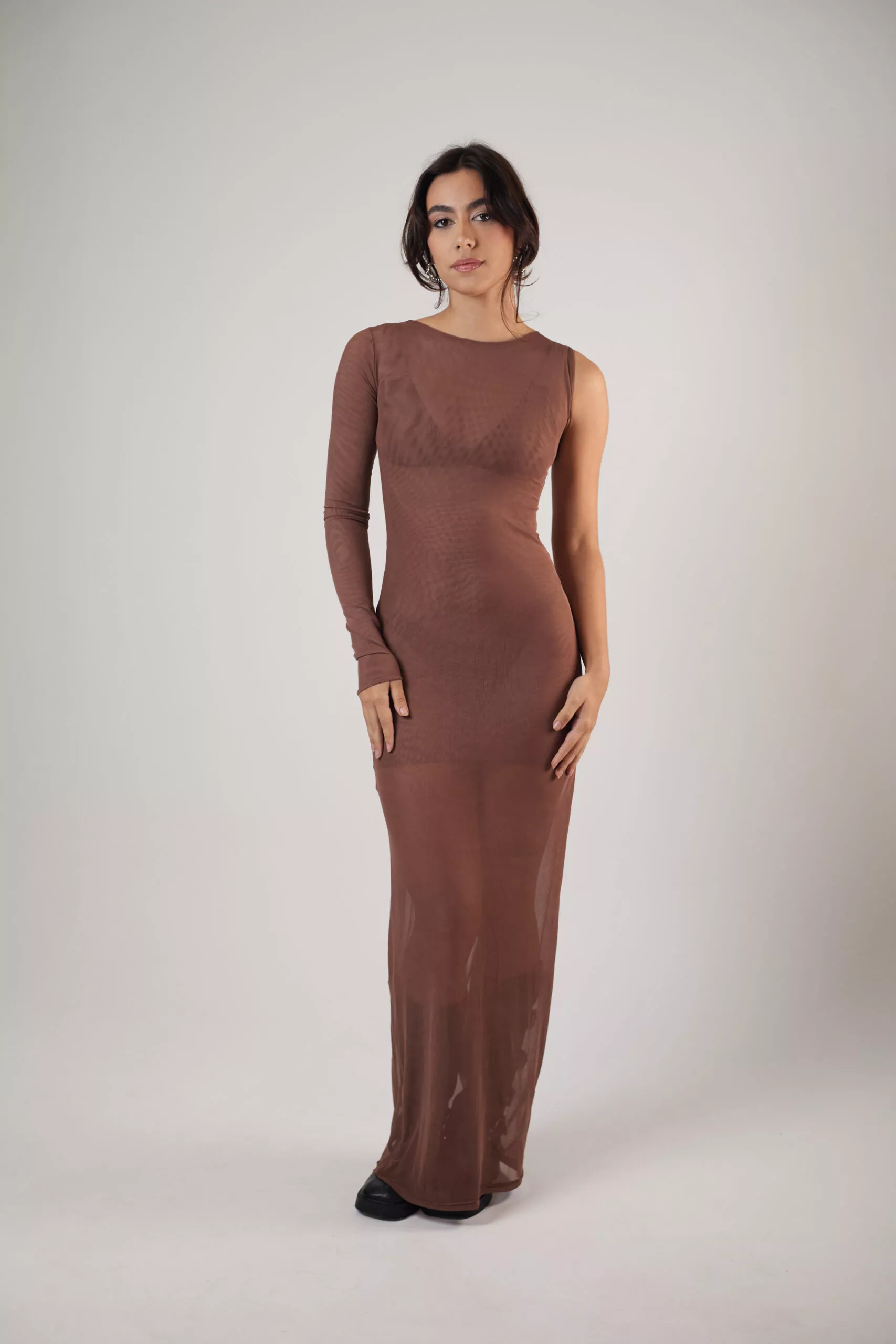 Vestido Longo Assimétrico Tule Marrom