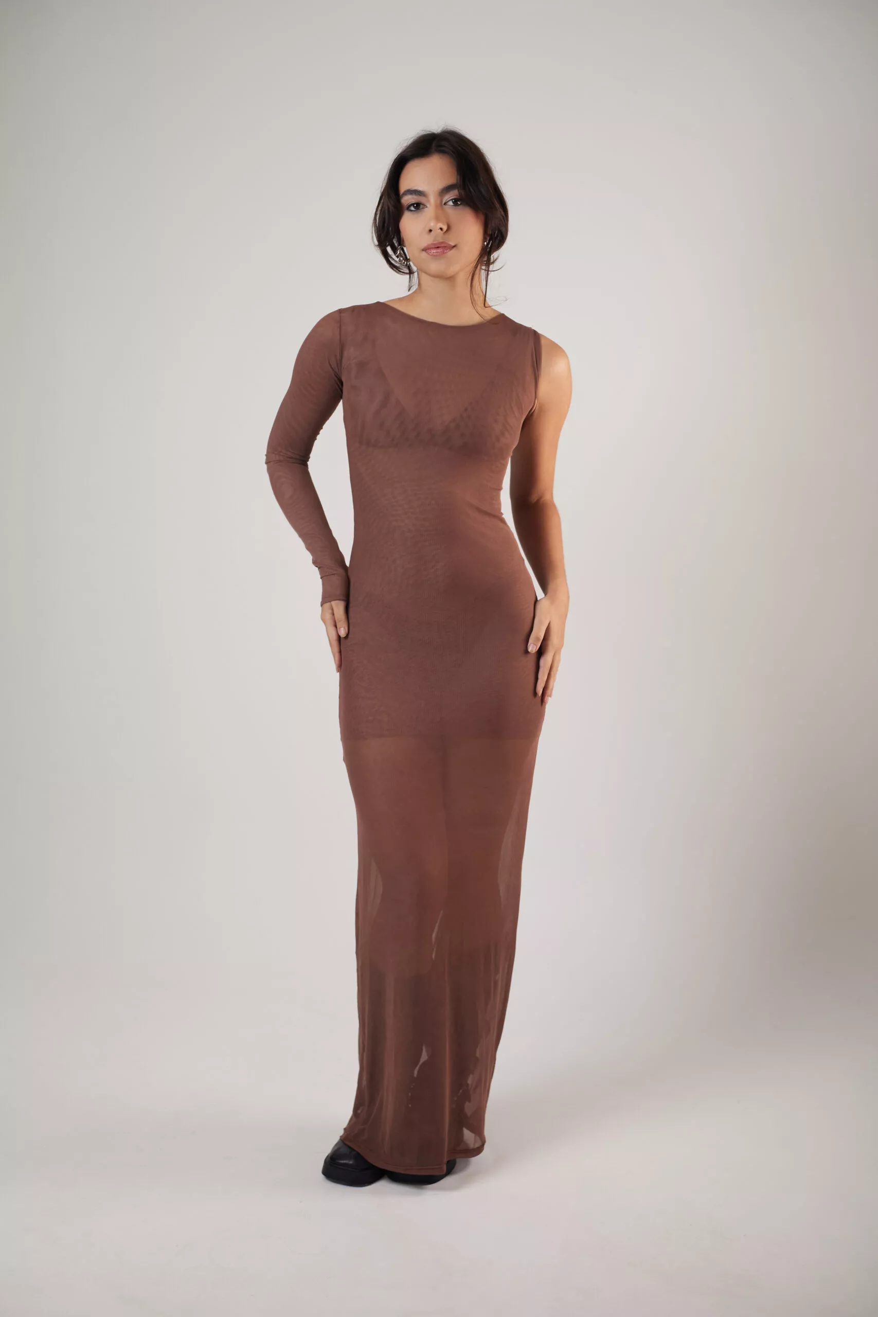 Vestido Longo Assimétrico Tule Marrom - Imagem 3