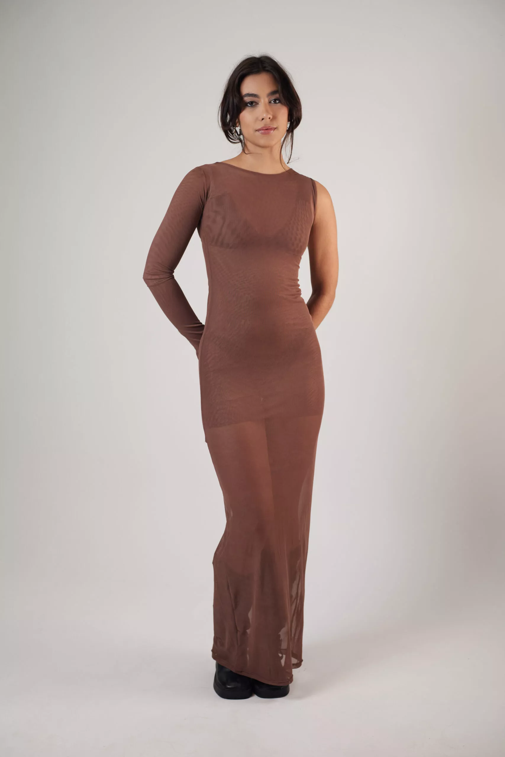 Vestido Longo Assimétrico Tule Marrom - Imagem 5