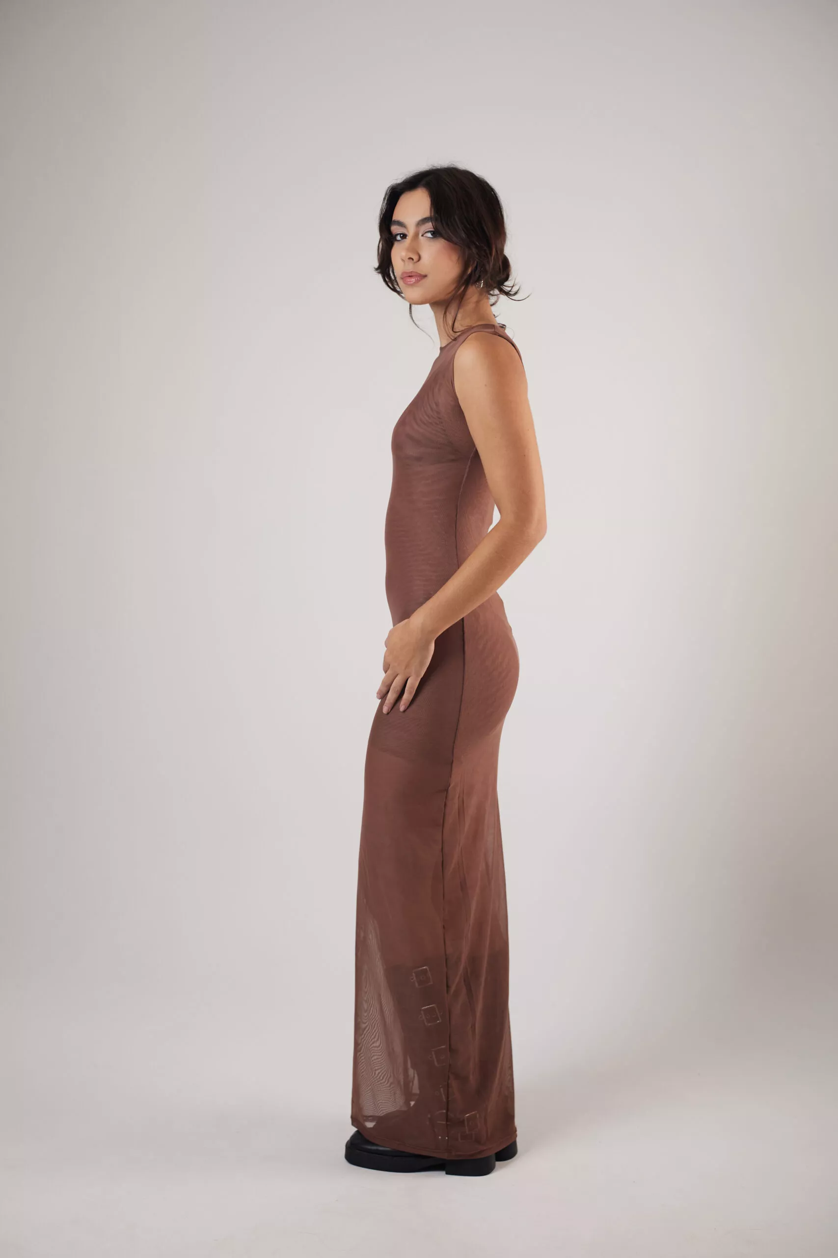 Vestido Longo Assimétrico Tule Marrom - Imagem 7
