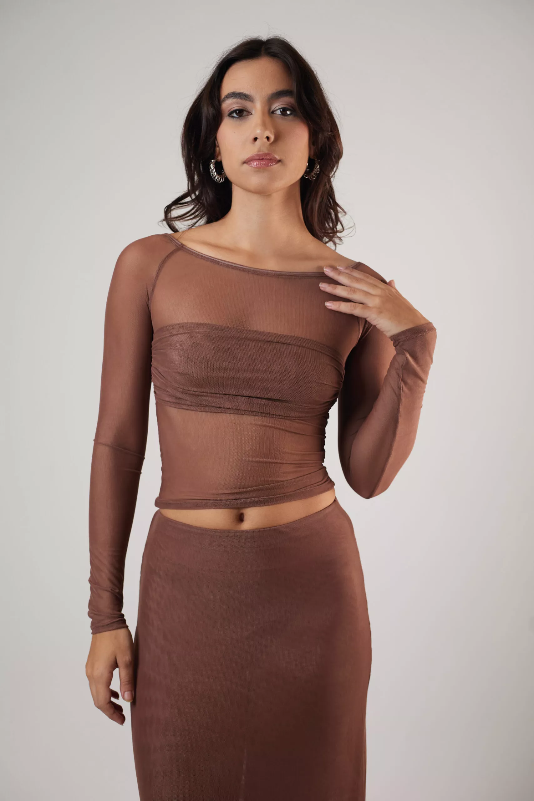 Blusa Drapeada Tule Marrom - Imagem 9