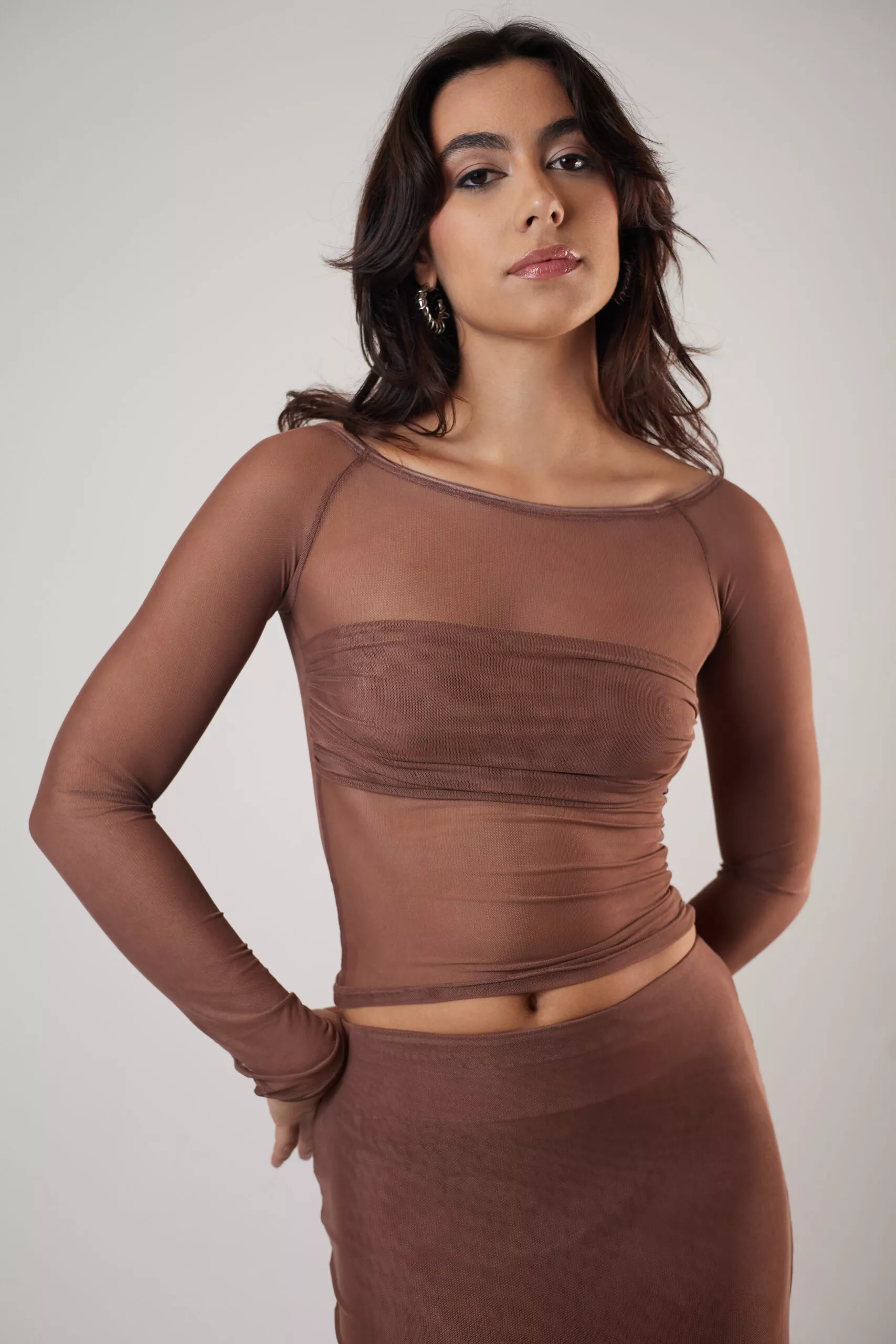 Blusa Drapeada Tule Marrom