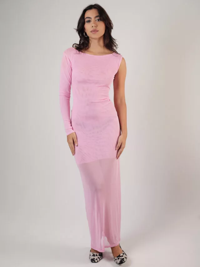 Vestido Longo Assimétrico Tule Rosa