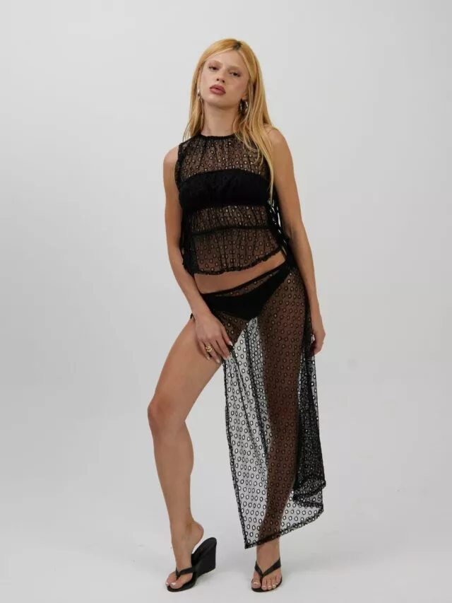 Saia Longa Lenço Tule Bordado Preta