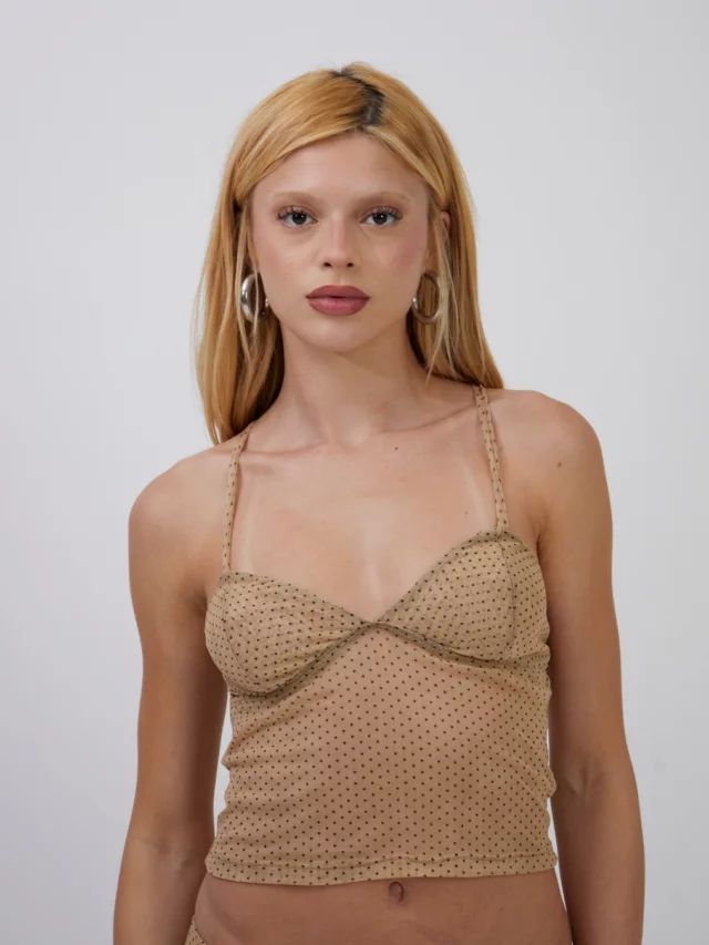 Top V Tule Mini Poá Bege