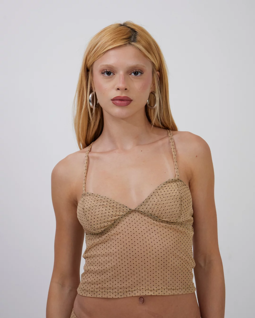 Top V Tule Mini Poá Bege