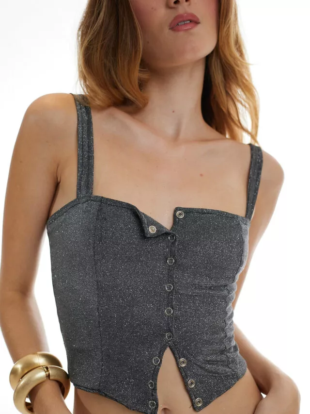 Blusa Corset Tachinha Lycra Prata Escura